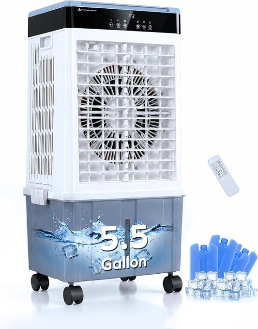 Air Choice Swamp Cooler, 3000CFM 31" Evaporative Air Cooler, 5.5Gal Removable Tank & 4 Ice Box, 120° Oscillation, 3 Speeds, Remote, 12H Timer, 3-in-1 Air Cooling Fan for Outdoor, Office, Bedroom, Blue