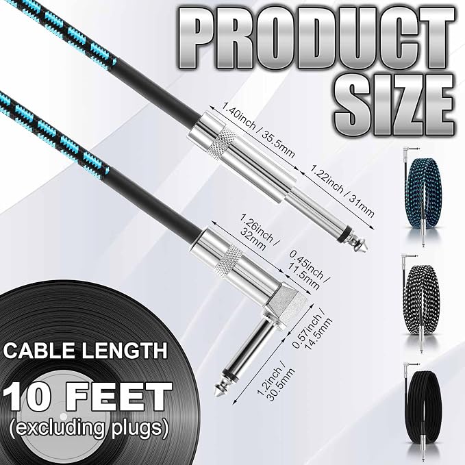 3 Pack Black Guitar Cables, Performance Instrument Cords for Guitar, Bass, Keyboard – Copper & PE Material, Flexible for Live&Studio Performance