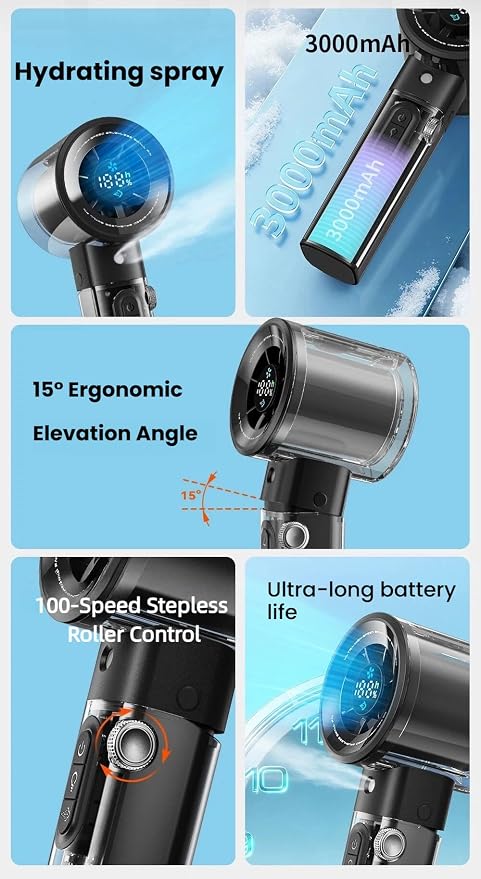 Portable Handheld Misting Fan with 100 Speeds, 3000mAh Rechargeable Battery (17H), Smart LED Display & Flashlight, Personal Mini Cooling Fan for Travel, Disney, Concerts, Makeup (BLACK)