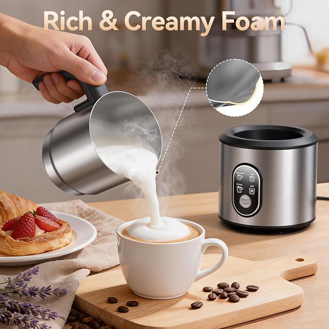 Milk Frother and Steamer, 4-in-1 Automatic Electric Milk Frothers, 24oz Detachable Stainless Steel Jug with Latte Art Spout, Hot & Cold Foam Maker for Coffee, Lattes, Cappuccinos