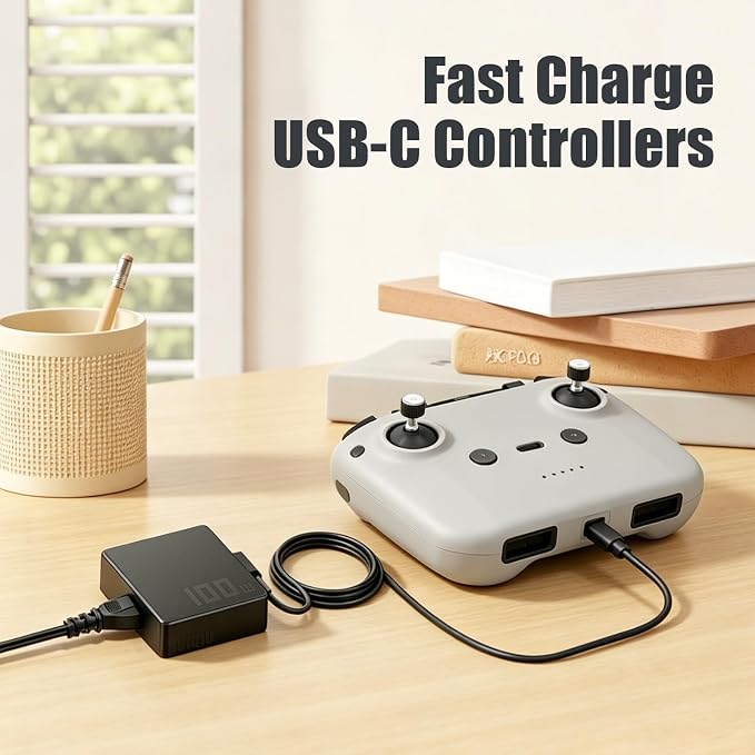 100W USB-C Battery Charger Compatible with-DJI Air 3s 3 Avata 360 2 3, Mavi 4 Pro 3 Classic, Mini 5 Pro Mini 4K 3 2 SE NEO 2 LitoX1 Drone, Fit for RC2 RC-N3 N2 N1 Remote Controller Power Adapter
