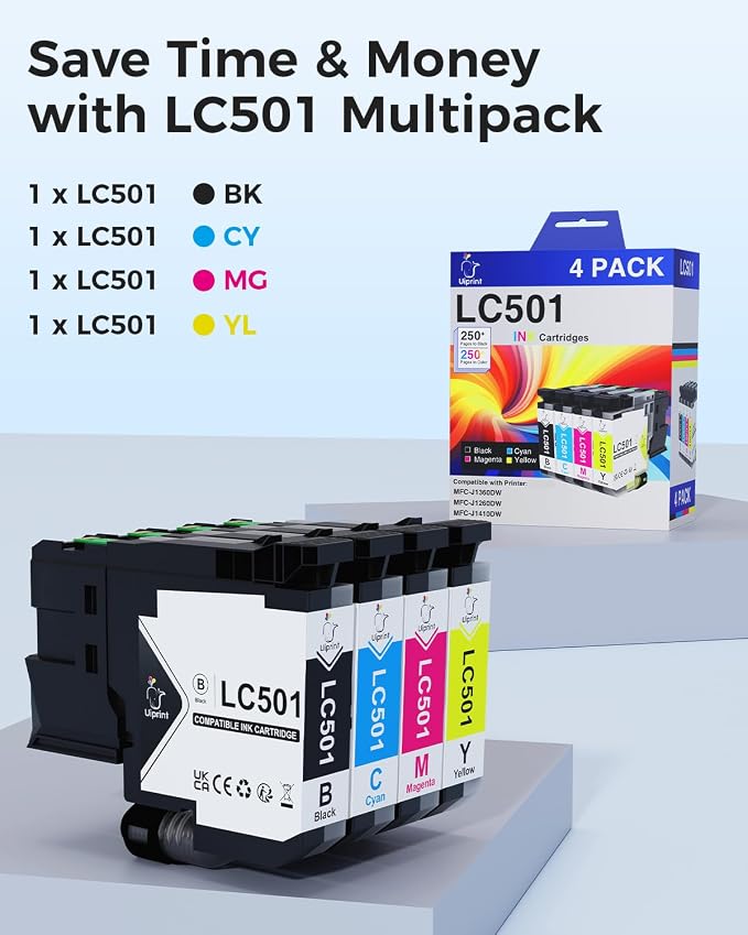 LC501 Ink Cartridges Replacment for Brother LC501XL LC501 Series Inks Compatible with Brother MFC-J1360DW MFC-J1410DW MFC-J1260W Printer, LC5014PK High Yield (Black, Cyan, Magenta, Yellow)
