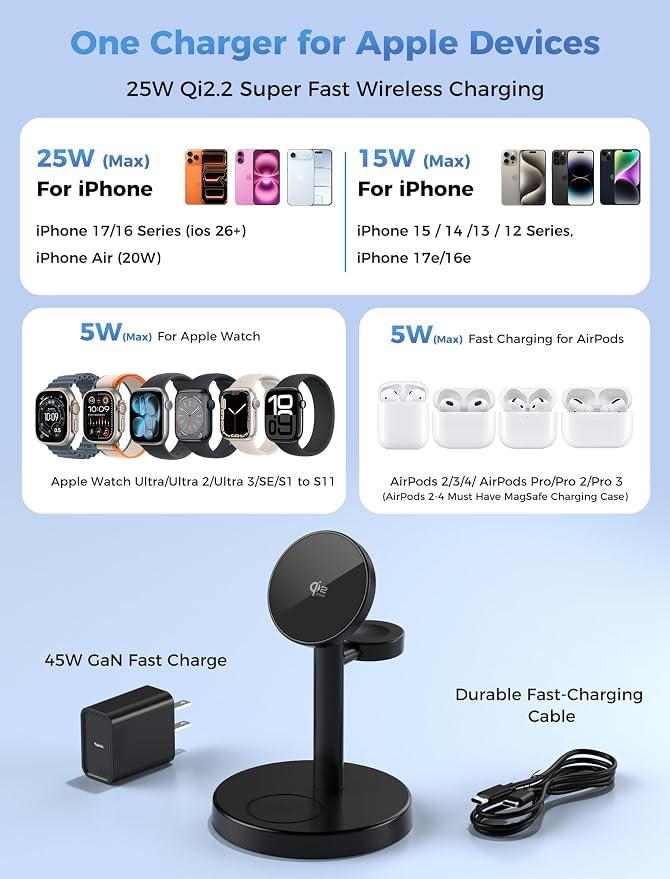 2026 25W 3 in 1 Super Fast Wireless Charging Station Compatible with MagSafe Charger Stand, Magnetic Mag-Safe Charger for iPhone 17 16 15 14 13 12 Series Apple iWatch AirPods Pro 4 3 2, Black