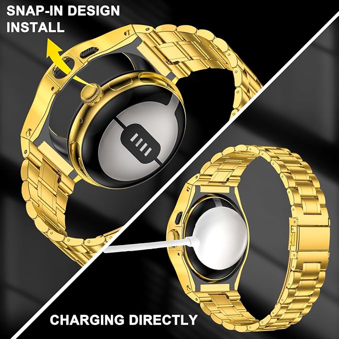 SUPLINK Stainless Steel Case & Band Compatible with Google Pixel 2 Watch Band, Metal Strap with Pixel 2 Watch Case Men Woman, Gold