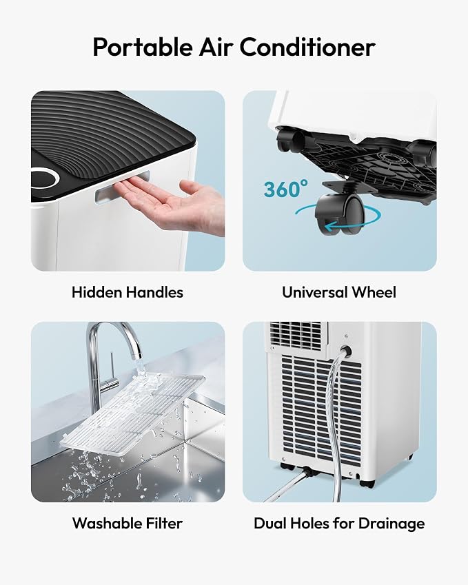 EUHOMY 10,000 BTU Portable Air Conditioner, 3-in-1 Portable AC Unit with Cools, Dehumidifier, Fan, 50 dB Sleep Mode, Cools 450 Sq.Ft. with 400 CFM Airflow, Installation Kit for Bedroom, Livingroom