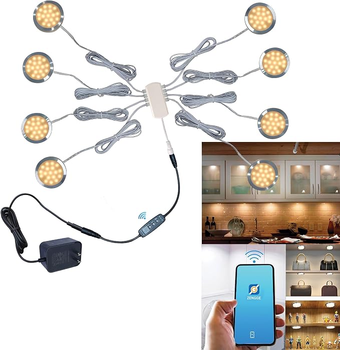Smart LED Puck Lights, Dimmable Under Cabinet Lighting with Bluetooth App Control, Music Sync, Timer, DC 12V Adaptor (8Pack, Warm-White)