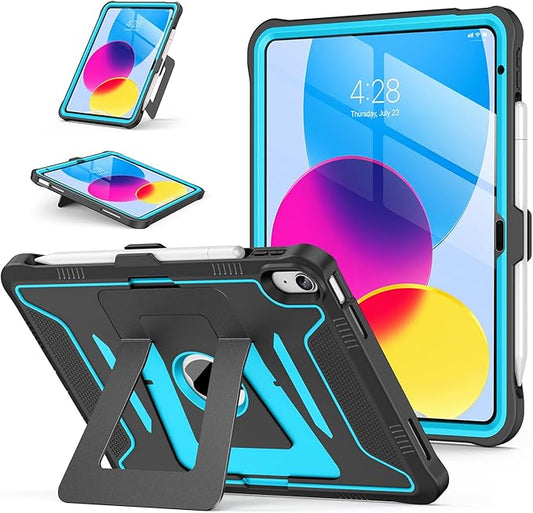 Soke Case for iPad (A16) 11th/10th Generation (11-Inch 2025/10.9-Inch 2022), with Screen Protector and Kickstands, Rugged Full Body Heavy Duty Shockproof Protective Cover - Black CyanBlue