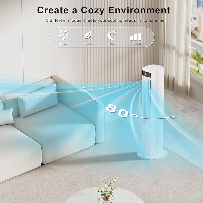 Antarctic Star 40" Evaporative Air Cooler, 24H Timer & Remote Control, Bladeless Tower Swamp Cooler, 80° Oscillation Cooling Fan with Removable Water Tank for Home Office
