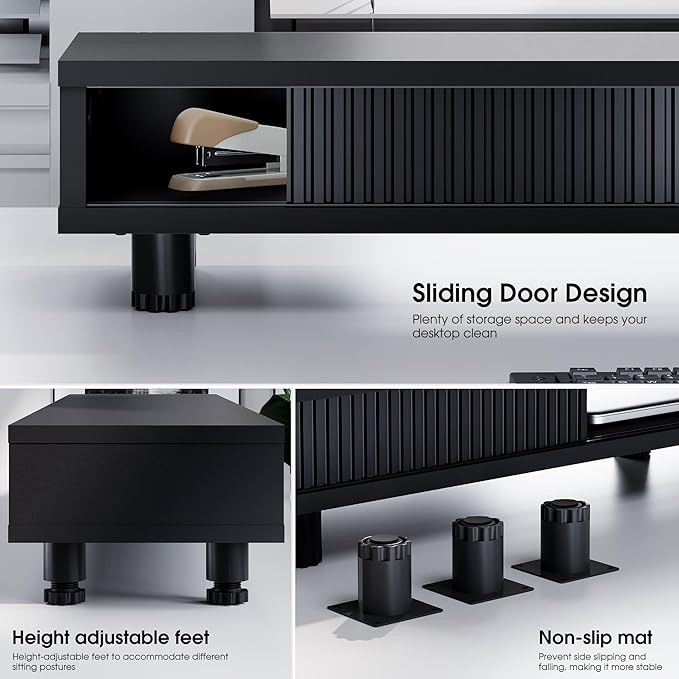 Fenge Dual Monitor Stand, 42.5inch Long Monitor Stands Riser for 2 Monitors, Glass Sliding Door with Storage Organizer Stand for Desk, 2 Tier Desk Shelf for Laptop, Pc, Printer, Computer, TV