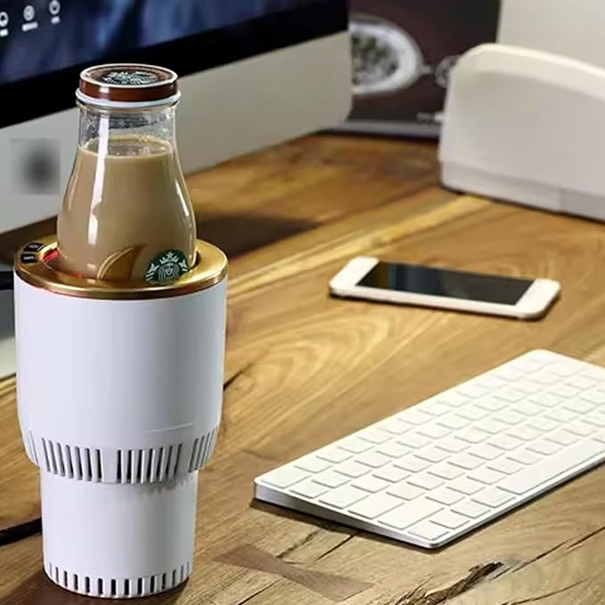 Auto Car Cup Holder Heating Cooling Drinks Smart Cooler Warmer Heater for Coffee Beverage Milk (White with Gold)
