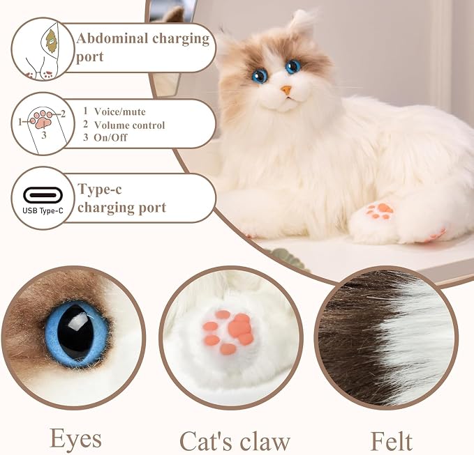 Chongker Interactive Robot Cat, Realistic Cat with Lifelike Heartbeats, Purring, Custom Name & Voice Interaction, Relieving Anxiety in the Elderly, for Daily Companionship and Soothing Sleep-Percy