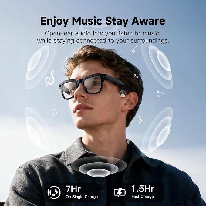 AI Smart Glasses with Camera, 4K Video Recording Glasses & 8MP Photo Capture, Open-Ear Bluetooth Audio Sunglasses, Real-Time Voice Translation, AI Assistant & Object Recognition for Travel Vlog