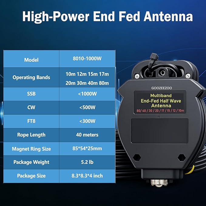 JYR8010-1000W End Fed Half Wave Antenna for Ham Radio, 1000W Shortwave Radio Antenna, 8 Band 10m 12m 15m 17m 20m 30m 40m 80m Long Wire Antenna, 1:64 Balun No Tuning Great for POTA/SOTA