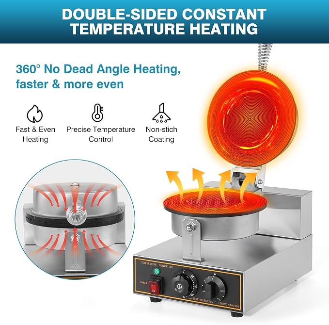 IRONWALLS Commercial Waffle Cone Maker Machine, 110V 1200W Stainless Steel Electric Ice Cream Cone Waffle Maker Machine with 8.3” Non-stick Baking Tray, Temperature & Time Control for Restaurant