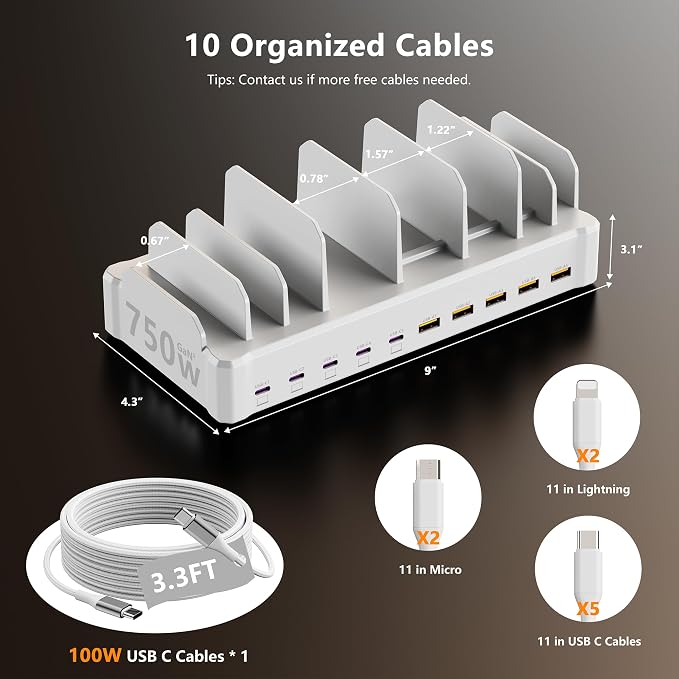 750W Charging Station for Multiple Devices, Zobirez 10-Port Fast Charger, 5 USB-C 120W Each and 5 USB-A 30W Each, Desktop Charging Hub for Laptop Phone Tablet, White