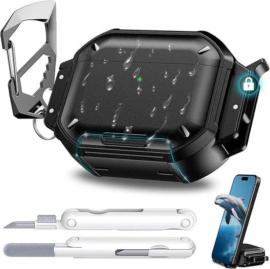 for AirPods Pro 3 Case Waterproof[IP68 Underwater][Full Heavy Duty Protection][Supports Wireless Charging] Anti-Scratch Hard Shell Cover for AirPods Pro 3rd Gen Cleaner Kit&Carabiner (Black)