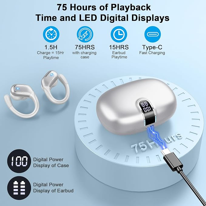 Wireless Earbuds, 75hrs Bluetooth 5.4 Headphone Sport, 2026 Bluetooth Earbuds Deep Bass Over Ear Buds with Earhooks, ENC Noise Cancelling Earphone Mic, IP7 Waterproof for Workout/Running/Gym Sliver