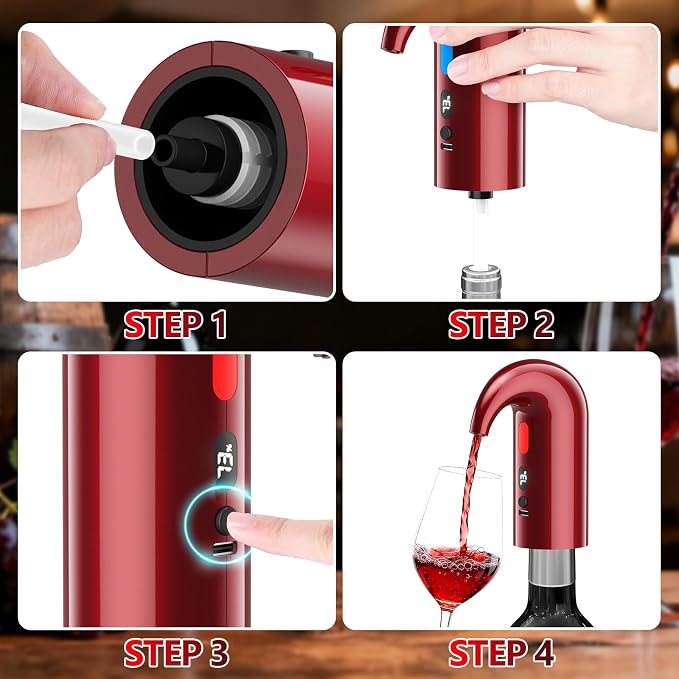 Fathers Day Gift Electric Wine Aerator & Dispenser – 1-Touch Instant Aeration, Precision Pouring & Temp Display – USB Rechargeable Gift Edition for Parties, Holidays & Wine Lovers (Red)