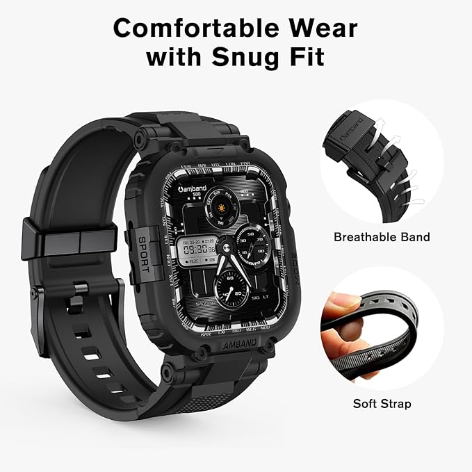 amBand Compatible with Apple Watch Series 11/10 42mm Bands Case for Men, M1 Sport Rugged Heavy Duty Protective Cover Tactical Strap Military Protector Bumper for iWatch Accessories 42 mm - Black
