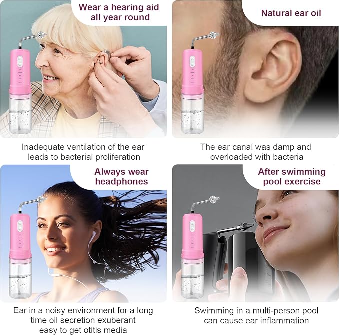 Ear Wax Removal, Electric Ear Irrigation Flushing System, Water Powered Ear Cleaner with 4 Pressure Modes, 6 Reusable Replacement Tips, Safe and Effective Ear Cleaning Tool for Adults (Pink)