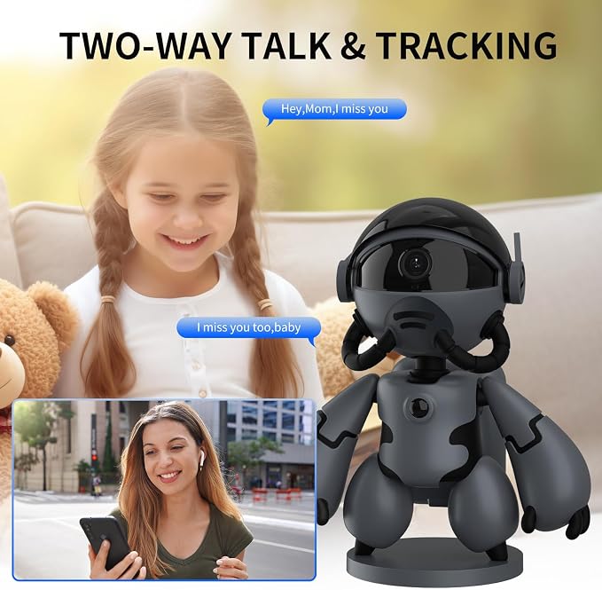 2K Indoor Robot Camera, 2.4G WiFi Robot Security Camera, Baby Pet Camera with Phone App, Long Battery Life, Two Way Audio, Night Vision, Battery Operated, PIR Motion Detection, Cloud & TF Card Storage