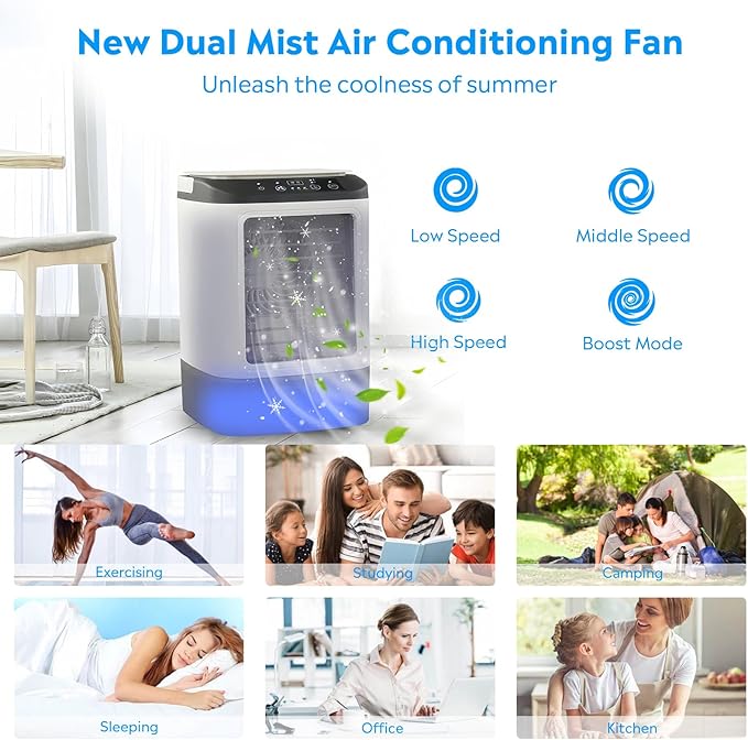 Portable Air Conditioners, Personal Air Conditioner with 2 Mist & 7 Color Light, 3 Speed & Boost Mode, 900ml Large Tank & Icebox, Evaporative Air Cooler AC Cold Fan for Bedroom Office Desk Car
