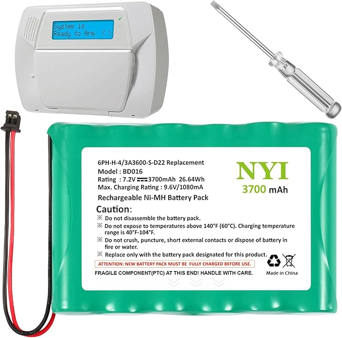 NYI Upgraded Replacement Battery with Tool for ADT SCW9057 SCW9055 and DSC Alarm System, 6PH-H-4/3A3600-S-D22 3700mAh 7.2V Rechargeable Ni-MH IMPASSA 9057 Control Panel (2 Pin Connector)