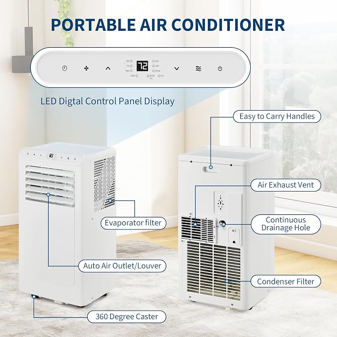 8000 BTU Portable Air Conditioners, 4-In-1 Portable AC Unit for Rooms Up to 350 Sq. Ft, Dehumidifier, Fan, Energy Saving, Remote Control, 24 Hour Timer, Sleep Mode, for Bedroom/Office,White
