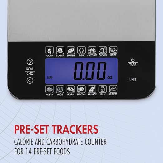 SmartHeart Premium Stainless Steel Digital Food Scale | Kitchen Scale for Meal Prep & Baking, Calorie & Carb Counter, 14 Foods, Tare, 11 lb, g/oz/lb/ml, Backlit LCD