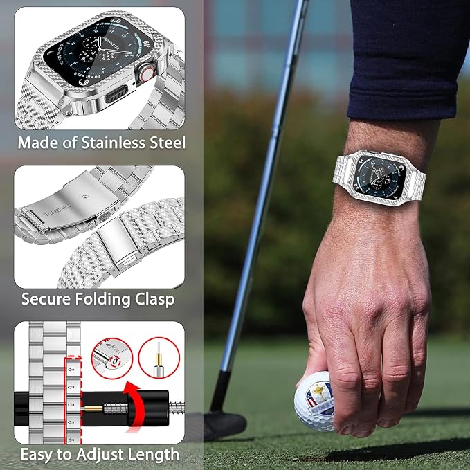 MioHHR Stainless Steel Band and Case Compatible with Apple Watch Band 41mm 40mm 38mm, Men Metal Protective Bumper Cover for iWatch Series 9/8/7/6/5/4/3/2/1/SE/SE2/SE3, Black