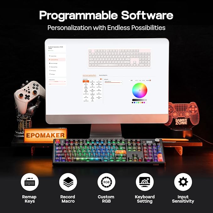 EPOMAKER TH108 V2 PRO Full Size Mechanical Keyboard with Screen&Knob, 10000mAh, BT/2.4Ghz, Mac Modifier PBT Keycap, Hot Swap, RGB, Gasket, Wireless Gaming Keyboard for Mac/PC (Black, Creamy Jade)