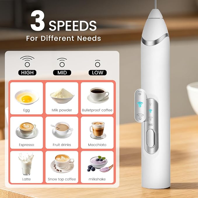 Handheld Milk Frother with Travel Case - Portable USB Rechargeable Mini Whisk for Coffee, Latte. Includes 3 whisks, storage, perfect for frothing milk, beating eggs, and blending drinks.
