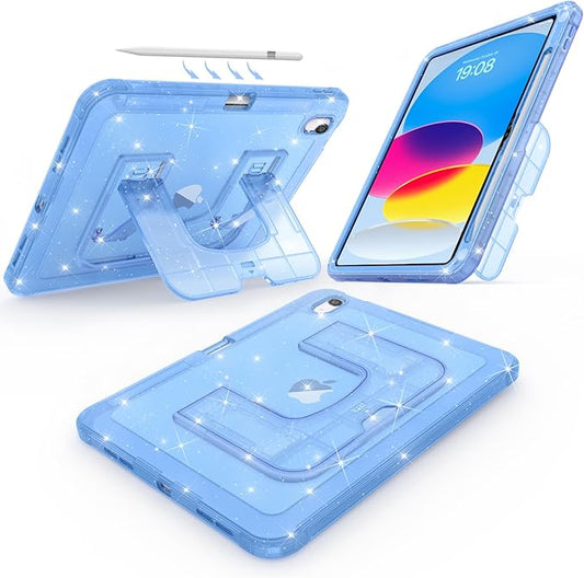 CCMAO Case for iPad (A16) 11th 11" 2025, iPad 10th 2022 with Pencil Holder & Kickstand, Shockproof Protective Slim Thin iPad Case with Glitter Transparent Back Cover for iPad 11/10, Blue Glitter