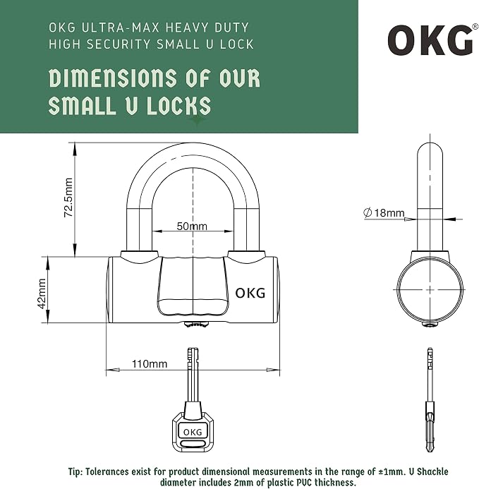 OKG Small U Lock - 4 Keys, Heavy Duty 18mm Hardened Alloy Steel Shackle - Anti-Cut/Anti-Pry Security Chain Lock for Motorcycle, E-Bike, Trailer (No Security Chain)