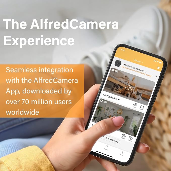 AlfredCam Indoor WiFi Security Camera, FullHD 1080P, 2.4G/WiFi, Continuous Recording, Motion Detection, Night Vision, Baby Monitor/Pet/Nanny Cam, App Powered (100M+ downloads)