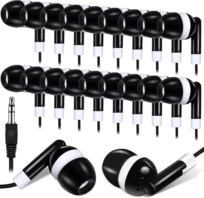 Konohan 100 Pcs Bulk Earbuds with Wire Basic Headphones in Ear for Libraries Laptop, No Microphone 3.5 mm Jack Earbuds Dot Headphones, Individually Bagged (Black)