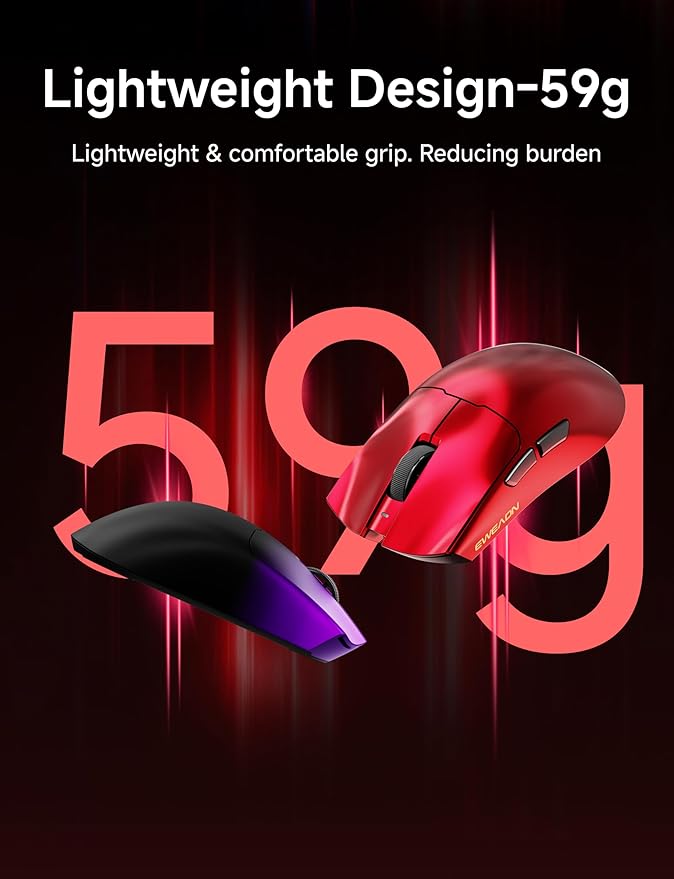 EWEADN S9 Ultra Wireless Gaming Mouse, 59G Ergonomic Computer Mouse, Triple Modes, 8K Polling, PAW3950 42K DPI Optical Sensor, Kailh Switch, 250h Battery Life, Programmable for PC/Win/Mac(Red)