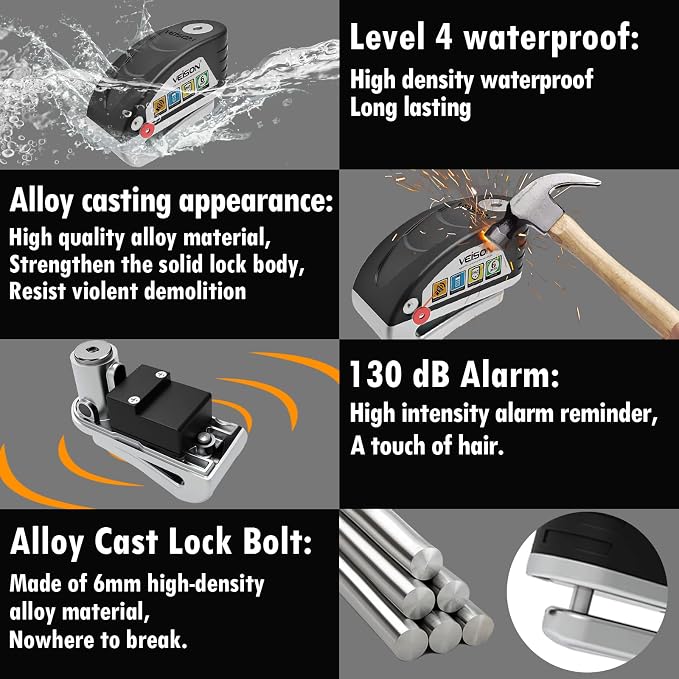 Motorcycle Locks Anti Theft Alarm System 130 db,Disc Lock Wheel Lock Heavy Duty aAnti Theft,Security Uncuttable Lock,Apply to Ebike Moped Mountain Moped Dirtbike,Motorcycle Accessories for Men