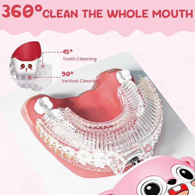 Kids U-Shaped Automatic Electric Toothbrush, Children’s 360° Mouthpiece Design for Full-Mouth Cleaning, 3 Cleaning Modes, Cute Animal Squirrel Style