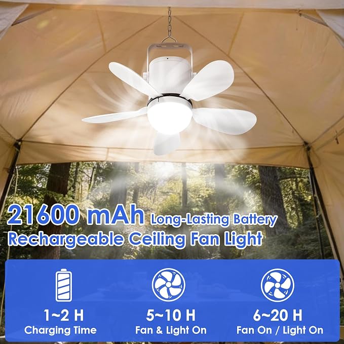21” Ceiling Fan Light, Battery Operated Gazebo Fan Light with Remote, Portable Rechargeable Ceiling Camping Fan Light for Outside, for Tent Canopy Porch Patio Greenhouse Camping RVs Pergola
