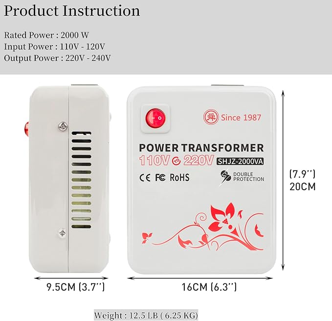 SUNSHUN Step Up Transformer, 110v to 220v Converter 2000W, Step Up Voltage Converter for 220v-240v Europen, Asian Appliances Used in US, Canada, Mexico