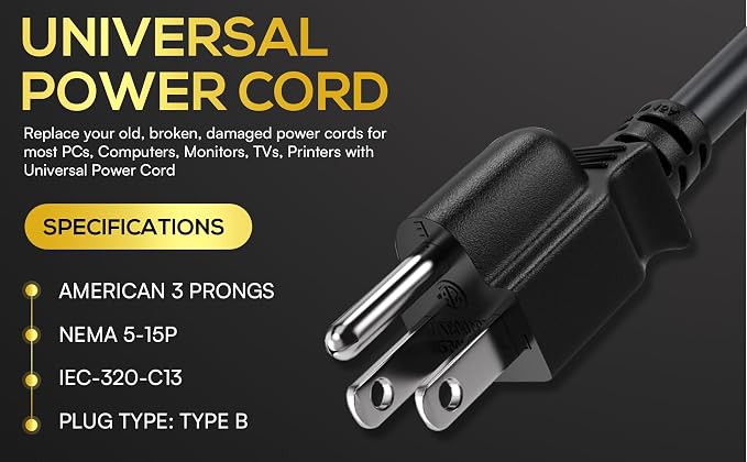 Cable Leader 15ft 14AWG Computer Power Cord, NEMA 5-15P to IEC C13 AC Power Cable, Heavy Duty 3-Prong Replacement Power Cord for PC, Monitor, Printer, Server & TV - Black
