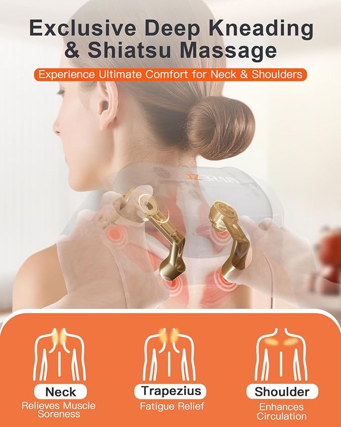 JZBRAIN Cordless Shiatsu Neck and Shoulder Massager with Heat & Kneading | 2000mAh Rechargeable Battery Hands-free 3 Modes 2 Intensity 2 Heat Levels Muscle Soreness Stiff Neck Fatigue Relief