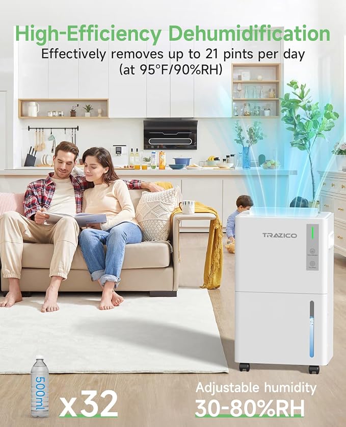 1500 Sq.ft Dehumidifier for Basement, Trazico Max 21 Pint/Day Dehumidifiers for Home, Large Room, Bedroom with Drain Hose, Quiet Smart Humidity Control, 3 Modes, 24H Timer, Auto Defrost