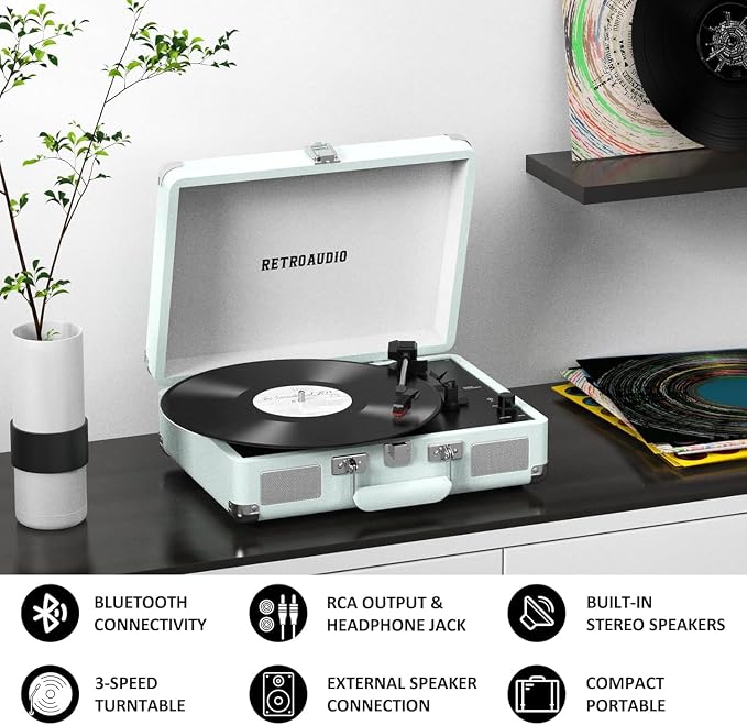 Vinyl Record Player Bluetooth Vintage Portable Suitcase Turntable with Built-in Speakers LP Player Support RCA Output and Headphone Output Light Cyan
