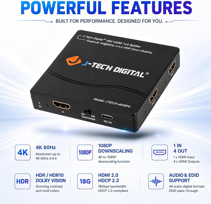 J-Tech Digital HDMI Splitter 4K 60Hz 1X4 Multi-Resolution Output (MRO) HDMI 2.0 Splitter Supports downscale HDR HDR10 / Dolby Vision 4K@60Hz 4:4:4 HDCP2.3 2.2 (JTECH-4KSP4)