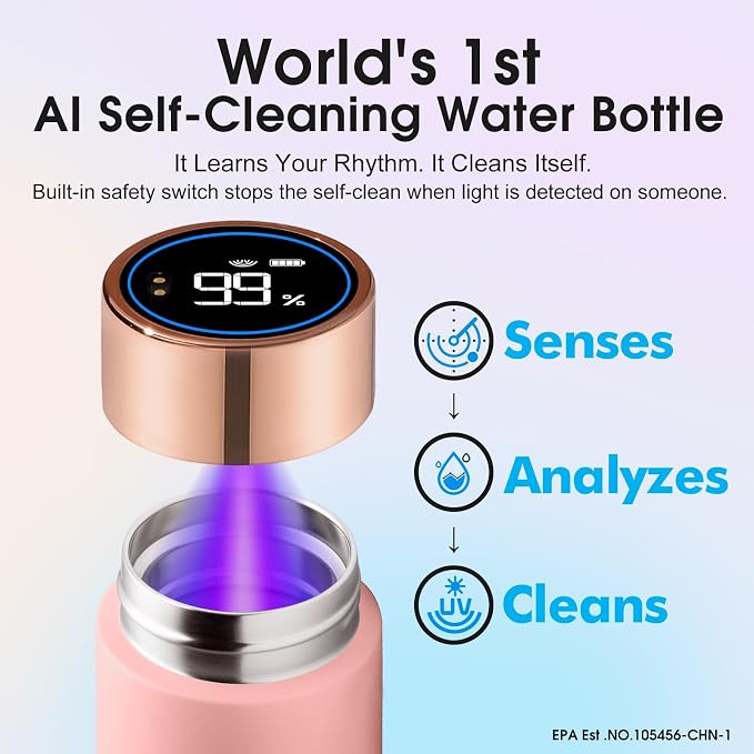 Vsitoo Smart self cleaning Insulated Water Bottle, 15oz Stainless Steel Vacuum Flask, AI Self-Clean, 30-Day Battery Life, BPA-Free, Magnetic Charging, Portable Travel Mug Gifts for Men Women, Pink