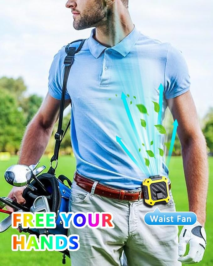 2025 AI Portable Waist Fan 10000 mAh Rechargeable with LED Display & 40H Runtime,5 Speed 16000RPM Cooling Personal Clip Fan,35ft/s Wind Speed Neck Fan for Outdoor Work,Jobsite,Camping,Yellow