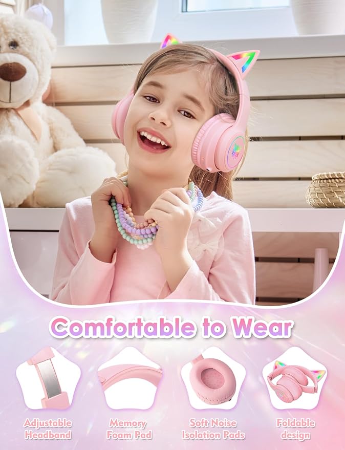 Bluetooth Kids Headphones with Microphone, Cat Ear LED Light Up and 85dB Volume Limited Toddlers Study Headphone, Wireless Foldable HI-FI sound Over-Ear School Headphones for iPhone/iPad/Laptop/PC