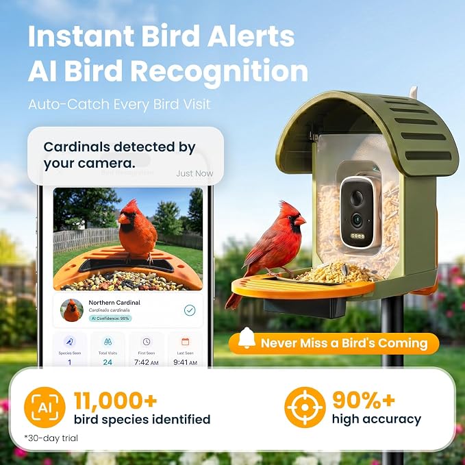 Smart Bird Feeder with Camera, 2.5K UHD Bird Feeder Camera Solar Powered, Sensitive AI Identification, Instant Alerts Capture Video, IP66 Waterproof Bird-Watching Feeder, Ideal Gift for Dad, Green